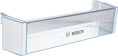 A clear plastic refrigerator shelf with a blue trim and the Bosch logo.