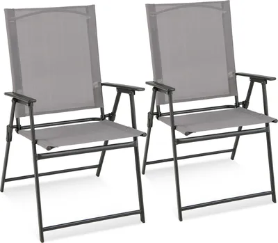 Two gray folding chairs are shown side-by-side against a white background.