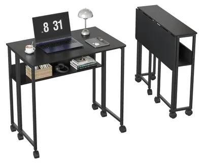 Zdjęcie produktu dla Składany biurko na kółkach - biurko komputerowe o szerokości 80 cm - z półką - mobilna stacja robocza - oszczędza miejsce, idealne do małych pomieszczeń - kolor czarny