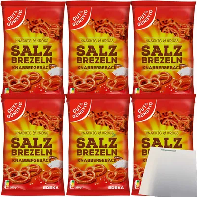 Produktbild von Gut & Günstig Salzbrezel Knabbergebäck Knackig & Cross mit Meersalz 6er Pack (6x250g Packung) + usy Block