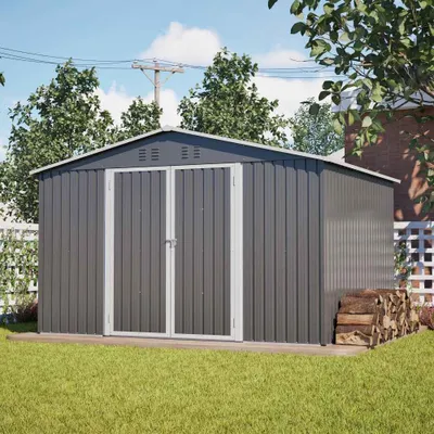 Produktbild von AIORBER Metall Geräteschuppen XXXL 300x252x191 cm Gartenhaus mit Satteldach wetterfest abschließbar Schiebetüren Belüftung Grau