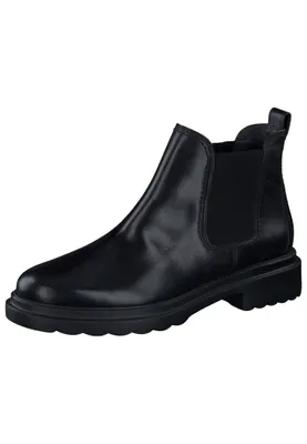 A single black Chelsea boot is shown against a white background.