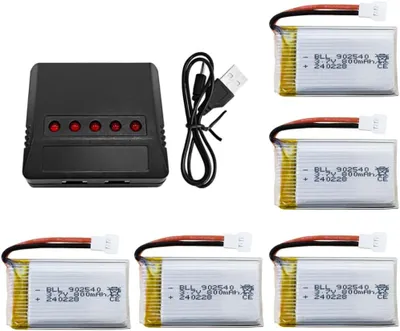 Produktbild von YUNIQUE GREEN-CLEAN-POWER 5x LiPo Akku 3,7V 800mAh mit USB 5-in-1 Ladegerät für Syma X5C X5SC X5SW MJX X708W X709 UDI U45 U42 RC Drohne