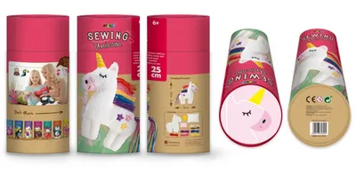 Multiple views of a cylindrical product package for a sewing unicorn craft kit.