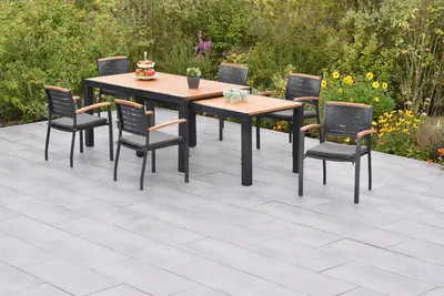 Produktbild von Merxx Gartenmöbel Set Tinos 13tlg., 6 Stapelsessel inkl. Kissen, Flex Ausziehtisch 180 (180) x 100 (83) x 80 (74) cm - Aluminium/Akazie