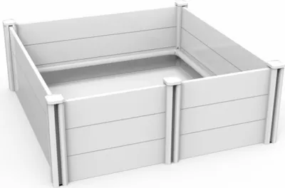 A white plastic raised garden bed or dog crate is shown from a slightly elevated angle against a white background.