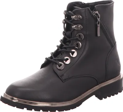 A black lace-up boot with a silver trim on the sole.