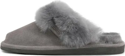 A single gray slipper with gray fur trim is shown against a white background.