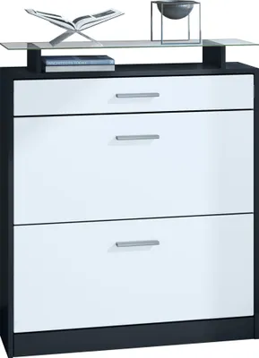 Produktbild von Vladon Schuhschrank Loret, Schuhkipper für 16 Paar Schuhe mit 2 Klappen und 1 Schublade und Glasablage, Schwarz matt/Weiß matt (89 x 104 x 23 cm)