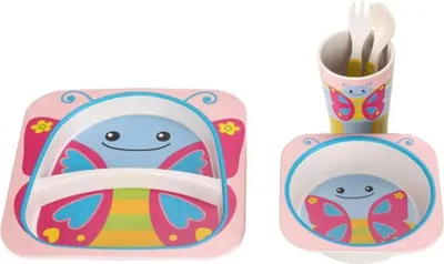 Immagine prodotto di Set di stoviglie per bambini da 5 pezzi in bambù con design a farfalla - robusto e colorato