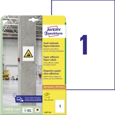 Produktbild von Avery Zweckform L7877-20 Stark haftende Papier-Etiketten, 210 x 297 mm, 20 Bogen/20 Etiketten, weiß