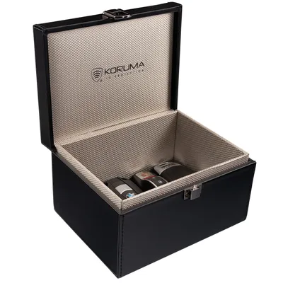 An open black box with a textured interior, containing three car key fobs.