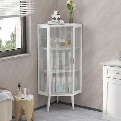 Produktbild von okwish Eckschrank mit 3 Ebenen, Glastüren und Einlegeböden, platzsparender Aufbewahrungsschrank für Badezimmer, Weiß