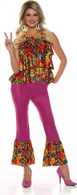 Produktbild von Buntes Hippie Girl Kostüm mit pinker Schlaghose Größe: L