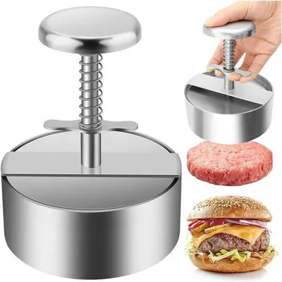 Image de Presse à hamburgers en acier inoxydable, argentée, 10 x 14 cm, avec bouton à ressort