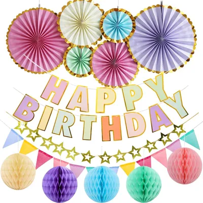 Productafbeelding van Verjaardagsdecoratieset voor meisjes, pastelkleuren. Decoratieset voor kinderfeestjes met slingers, vlaggenketting, honingraatballen en papieren waaier