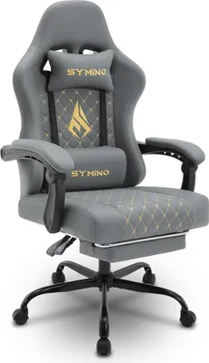 Produktbild von Symino Gaming Stuhl mit Lendenwirbelstütze und Fußstütze, Vintage Kunstleder, 200KG Tragkraft, Grau