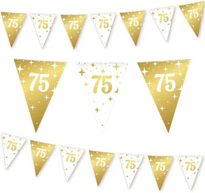 Produktbild von Girlande Q2P – Girlande zum 75. Jahrestag – Geburtstagsdekoration – Wimpelkette – Girlanden – Partydekoration – Flaggen – Weiß und Gold – 10 m