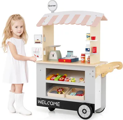 Obrázok produktu pre COSTWAY Detský vozík na potraviny, drevený obchod s 2 policami, rukoväť na tlačenie, príslušenstvo, polica na nápoje, váha&POS stroj, pre deti 3+sivá