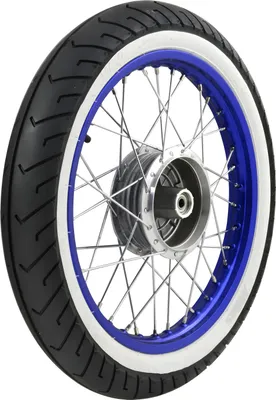 Produktbild von Komplettrad - hinten - 1,5x16 Zoll - Alufelge blau eloxiert und poliert, Chromspeichen + MITAS - Weißwandreifen MC2