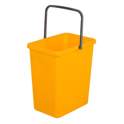 A yellow bucket with a gray handle against a white background.