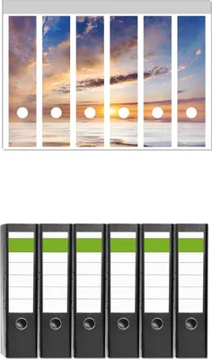 Produktbild von Wallario 6 Stück breite Ordner inkl. Klebeetiketten mit Motive Sonnenuntergang über dem Wasser -  Set mit Rückenschildern / Ordnerrücken Stickern