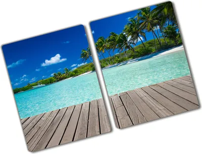 Produktbild von Tulup Glas Herdabdeckplatte - 2x40x52 cm - Glaskeramikkochfeld-Abdeckung Spritzschutz Glasabdeckplatte Kochplattenabdeckung und Schneidebrett - Zweiteilig - Landschaften - Tropischer Strand - Grün