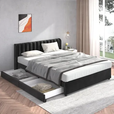 Produktbild von Flieks Polsterbett 180x200cm Doppelbett mit Lattenrost und 2 Schubladen, Stauraumbett Holzbett Funktionsbett Samt, ohne Matratze