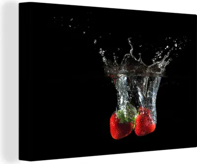 Produktbild von OneMillionCanvasses® - Leinwandbilder - 150x100 cm, Erdbeeren - Obst - Wasser - Schwarz - Rot, Wandbilder Kunstdruck Wanddekoration - Foto auf Leinwand - Gemälde auf Holzrahmen