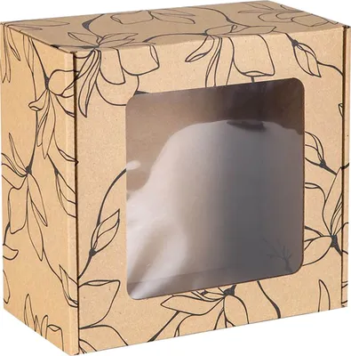 Produktbild von Rechteckige Mailer-Box mit Sichtfenster, Geschenkbox mit schwarzem Blumendruck 20x20x10 cm x1