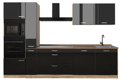 Imagen del producto de Mueble de cocina Vicco R-Line Negro brillo intenso/Roble dorado 310 cm sin encimera, Model 66448