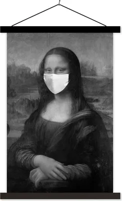 Produktbild von MuchoWow® Textilposter Mona Lisa mit weißer Mundhaube - Gemälde von Leonardo da Vinci - schwarz-weiß 40x60 cm mit schwarzem Rahmen - Wanddekorationen