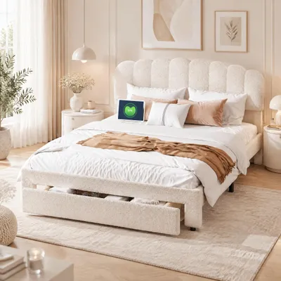 Immagine prodotto di Letto imbottito INONEFT, 140x200 cm, letto per ragazzi con USB e schienale regolabile, letto matrimoniale con 1 cassetto, rivestito in tessuto tipo "teddy", colore beige, senza materasso