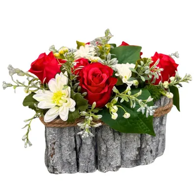 Produktbild von Künstliches Grabgesteck Friedhofsblumen im Holz Topf mit roten Rosen Gänseblümchen | 17x25cm groß wie Echt handmade EU | Innen und Außenbereich