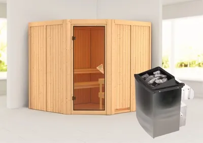 Produktbild von Karibu Sauna Innensauna Jarin Eckeinstieg Ofen 9 kW integr. Strg 196x196x198 cm ohne Dachkranz mit Bronzierte Tür