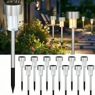 12 Solar-Gartenleuchten, Edelstahl, LED, warmweiß, wasserdicht