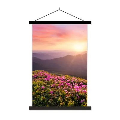 Produktbild von MuchoWow® Textilposter Blumen - Berg - Sonnenuntergang - Landschaft 120x180 cm mit schwarzem Rahmen - Fotos