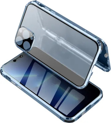 A blue phone case with a mirrored back is shown at an angle.