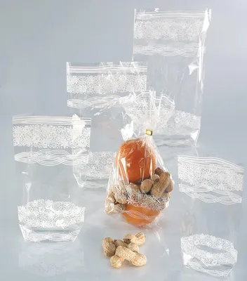 Produktbild von folia 285 - Zellglasbeutel mit weißem Spitzendruck, ca. 11,5 x 19 cm, 10 Stück - zum individuellen Verpacken von Keksen, Süßigkeiten und vielem mehr