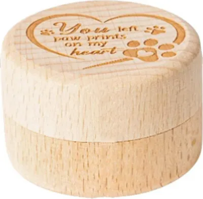 Produktbild von Andenkenbox für Haustiere, elegantes Pfotenabdruck-Design aus Holz, graviert, glatte Oberfläche, Aufbewahrungsbox für die Asche von Haustieren
