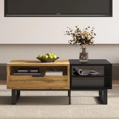 Produktbild von okwish Couchtisch Rechteckige, Wohnzimmertisch mit Farbblockstruktur, mit Fächern und Schubladen, Metallbeine., Natur