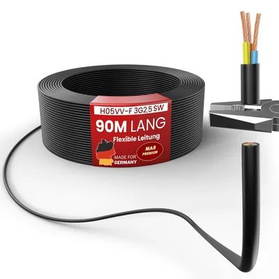 Immagine prodotto di Cavo flessibile in plastica da 90 metri, sezione H05VV-F, 3G2,5, colore nero, adatto per apparecchiature