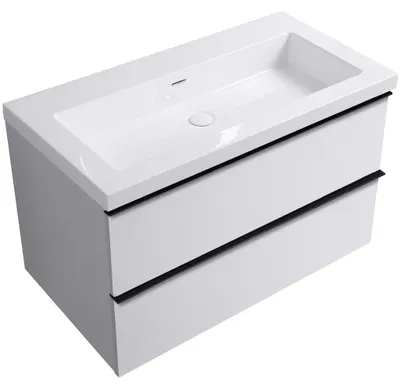 Immagine prodotto di CERANO - Mobile da bagno Velora - bianco opaco, maniglia nera + lavabo in marmo lit. Ovo - bianco lucido - 80,5x58x46,5 cm