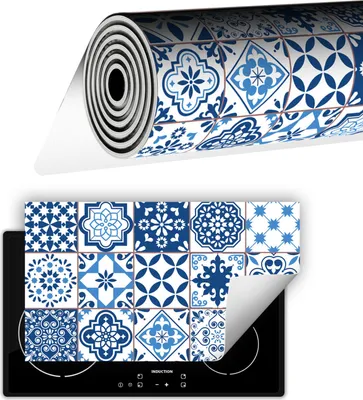 Produktbild von Herdabdeckplatte abdeckung Glaskeramikkochfeld abdeckplatte 90x52 cm Anti Rutsch Matte Aufrollbar, Mosaik Blau