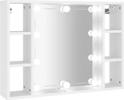 A white mirrored cabinet with LED lights and shelves.