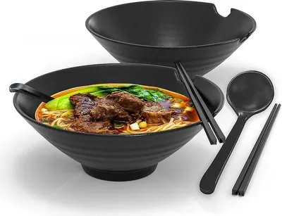Produktbild von 6-teiliges Ramen-Schüssel-Set – Traditionelles japanisches Essgeschirr-Set mit Essstäbchen und Löffel in Schwarz