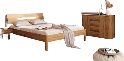 Produktbild von Bett Bento 7 aus Wildeiche massiv 90x200 cm mit Holzkopfteil und Holzbeinen