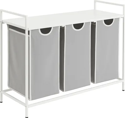 Produktbild von Relaxdays Wäschesammler mit 3 ausziehbaren Wäschekörben, mit Ablage, HBT: 72x92,5x33 cm, Wäschekorb Metall, weiß/grau