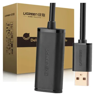 A Ugreen USB 2.0 extension cable and its packaging are displayed against a white and light gray background.