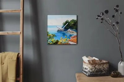Produktbild von Coloray Hodiny Unikátní 30x30 cm  Tiché hodiny Pro obývací pokoj a kuchyň Nástěnné hodiny Plátno Bílé ručičky hodin - Stromy mořské oblohy